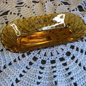 Vintage Indiana Amber Oval Shaped Glass Dish Criss‎ Cross/Pretzel Pattern